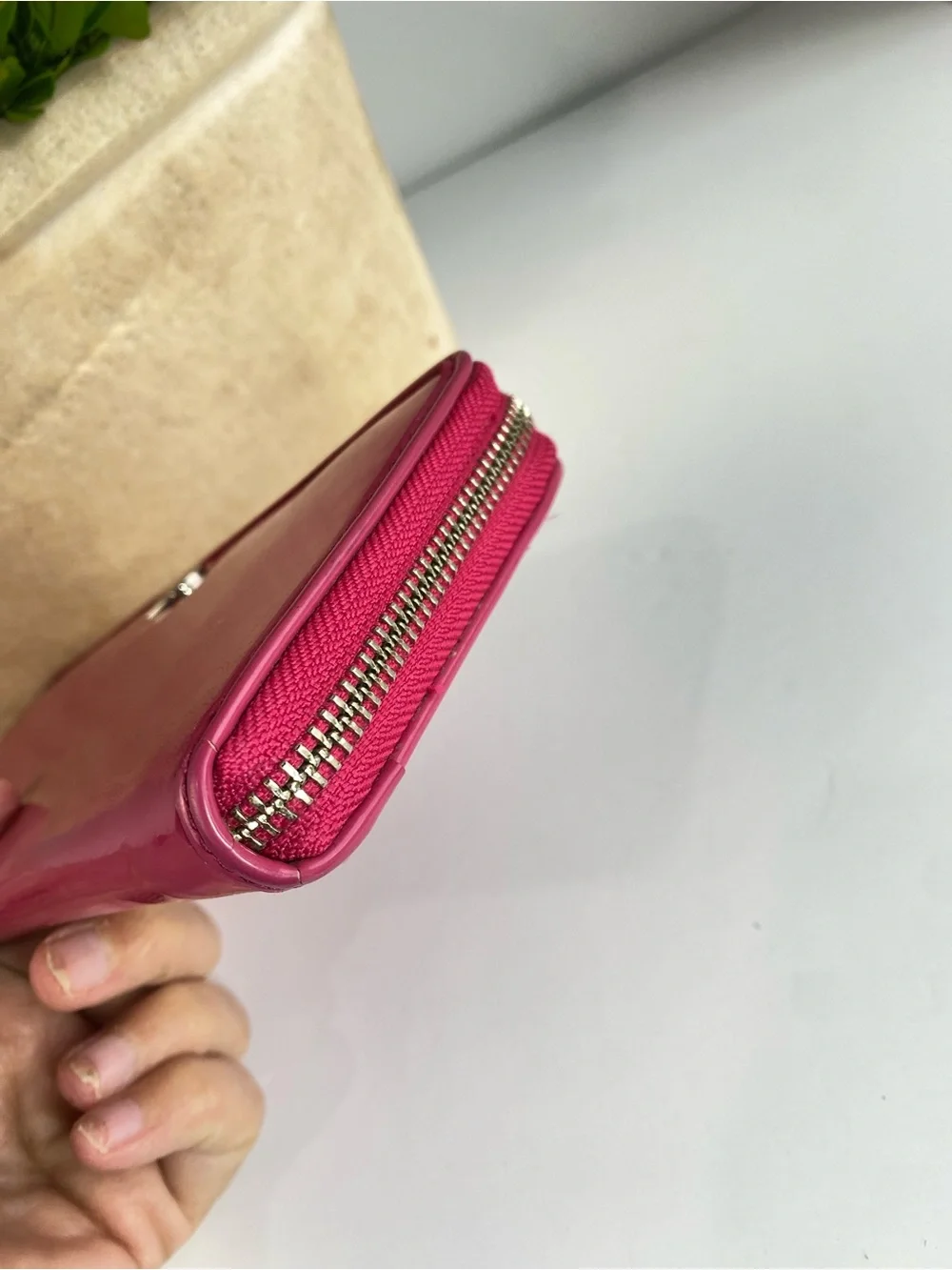 Coach Pink Signature Patent Leather Wallet with Heart Pendant